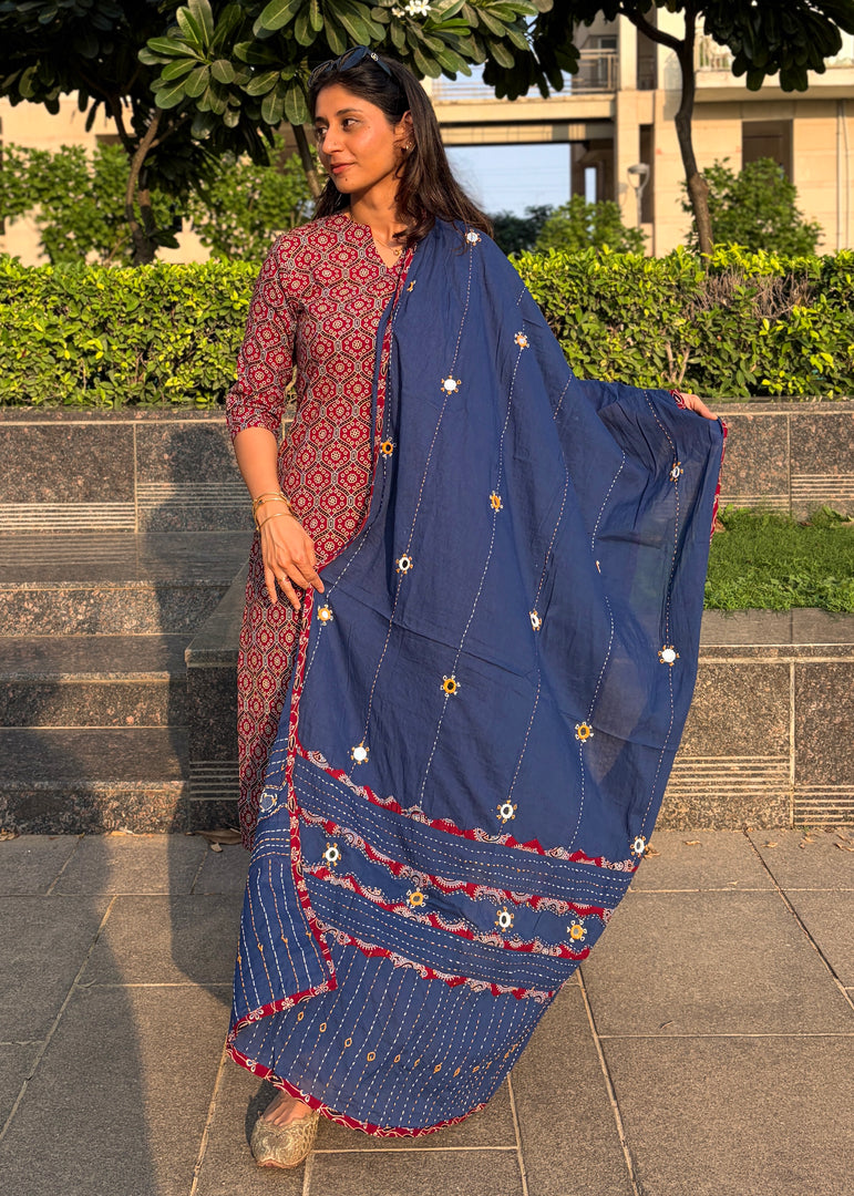 Maroon Ajrak Cotton Suit with Blue Mirror Work Mul Dupatta
