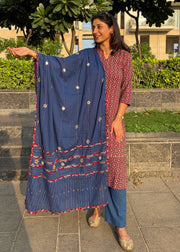 Maroon Ajrak Cotton Suit with Blue Mirror Work Mul Dupatta