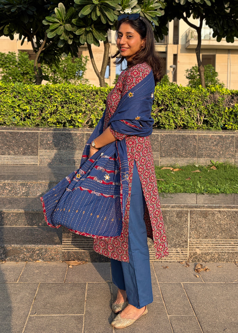 Maroon Ajrak Cotton Suit with Blue Mirror Work Mul Dupatta