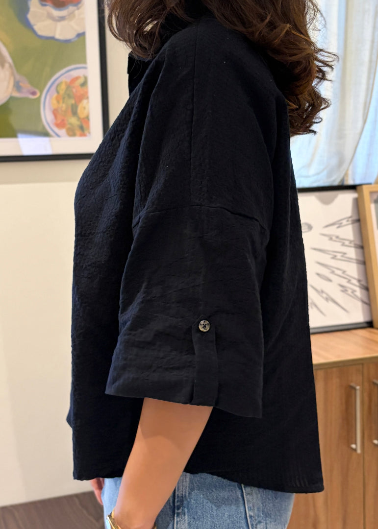 Black Cotton Seersucker Boxy Cotton Shirt