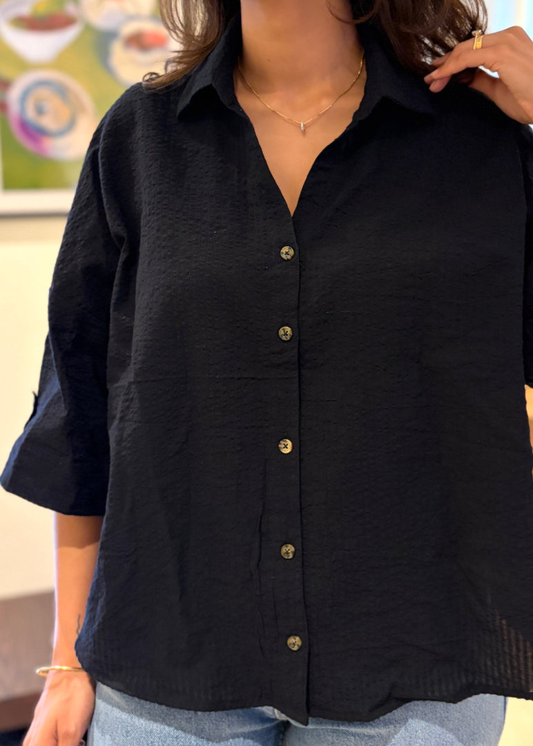 Black Cotton Seersucker Boxy Cotton Shirt