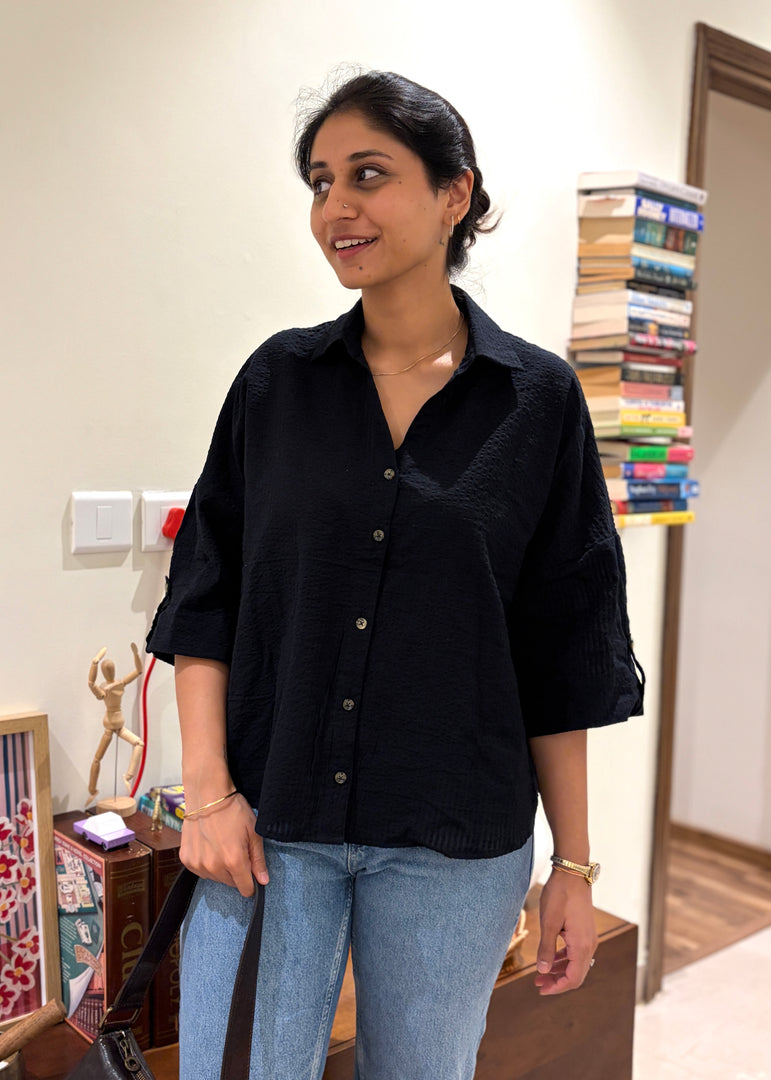 White & Blue Striped Boxy Cotton Shirt