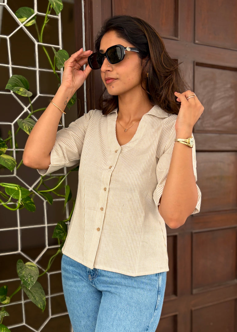 Tan White Striped Cotton Flex Shirt