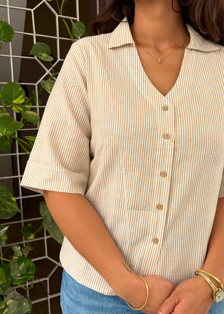 Tan White Striped Cotton Flex Shirt
