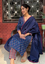 Load image into Gallery viewer, Navy Block Print Kurta- Contrast Set