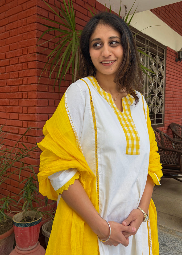 White Cotton Kurta Yellow Check Pants