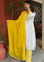 Load image into Gallery viewer, White Cotton Kurta Yellow Check Pants