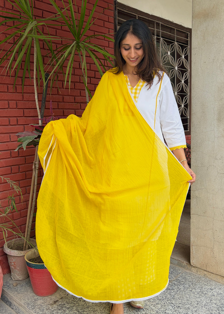 White Cotton Kurta Yellow Check Pants