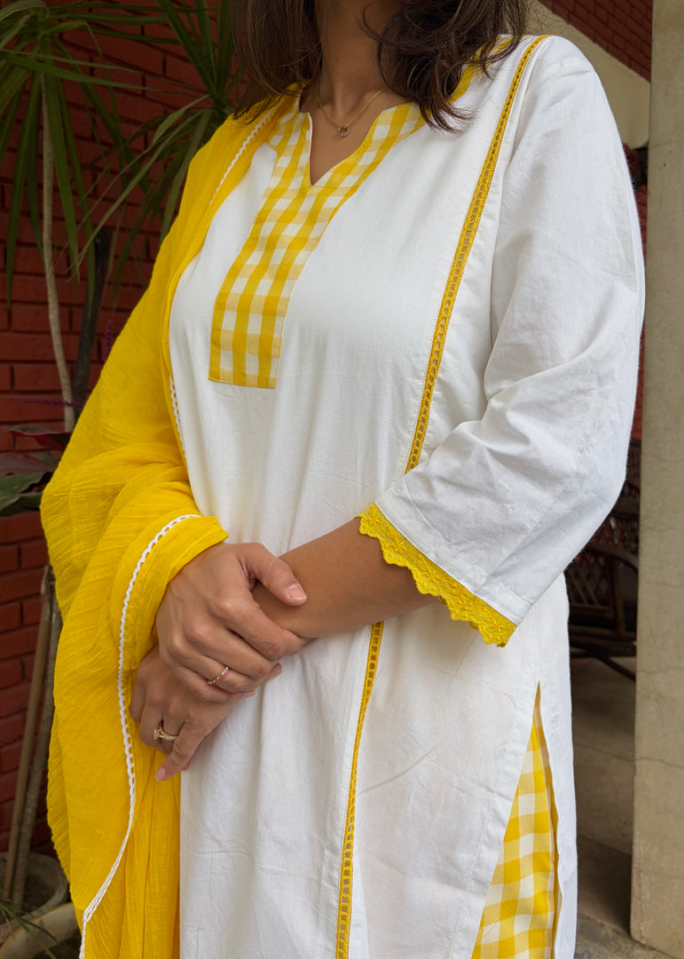 White Cotton Kurta Yellow Check Pants