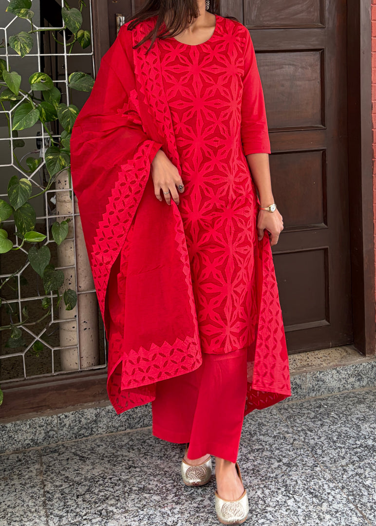 Red Cotton Applique Suit & Dupatta