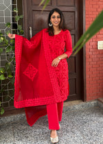 Load image into Gallery viewer, Red Cotton Applique Suit &amp; Dupatta