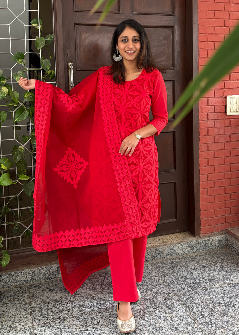 Red Cotton Applique Suit & Dupatta
