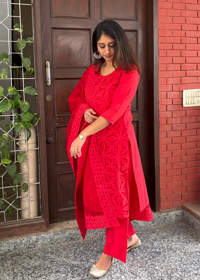 Pink Cotton Applique Suit & Dupatta