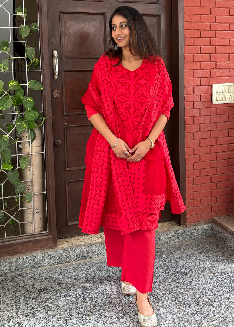 Red Cotton Applique Suit & Dupatta