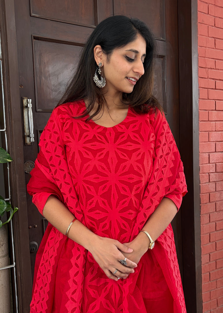 Pink Cotton Applique Suit & Dupatta