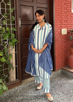 Load image into Gallery viewer, Blue Stripe Cotton Kurta - Mul Dupatta