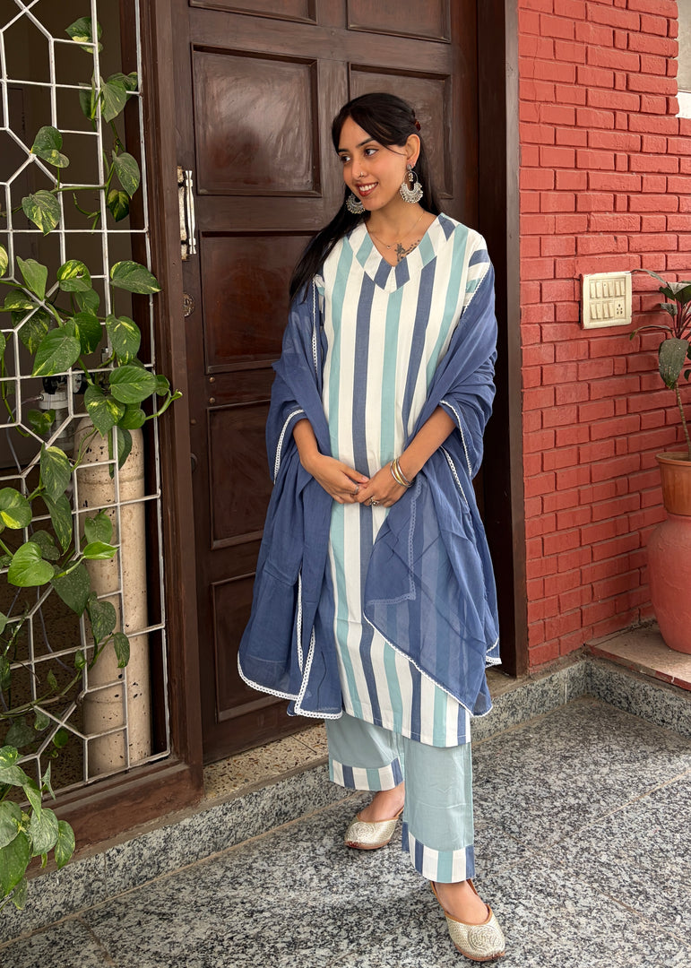 Blue Stripe Cotton Kurta - Mul Dupatta