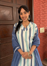 Load image into Gallery viewer, Blue Stripe Cotton Kurta - Mul Dupatta