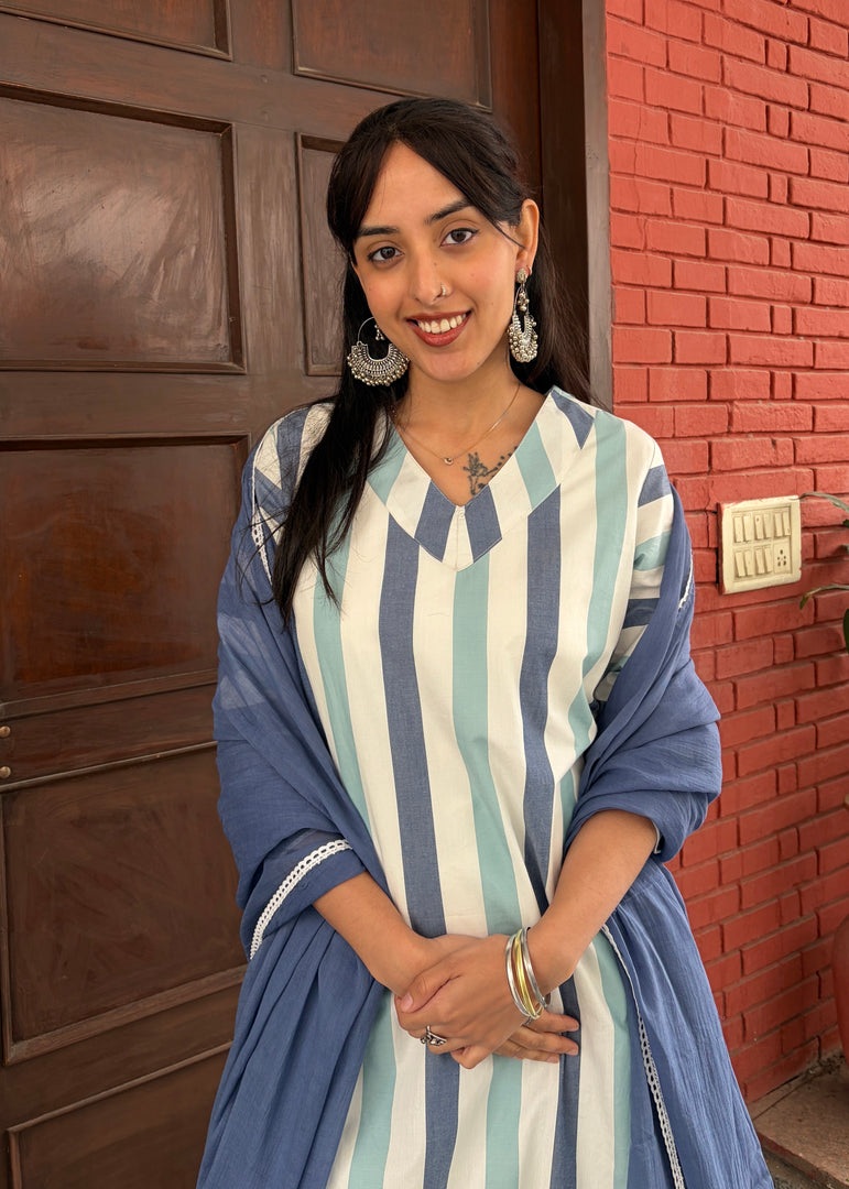Blue Stripe Cotton Kurta - Mul Dupatta