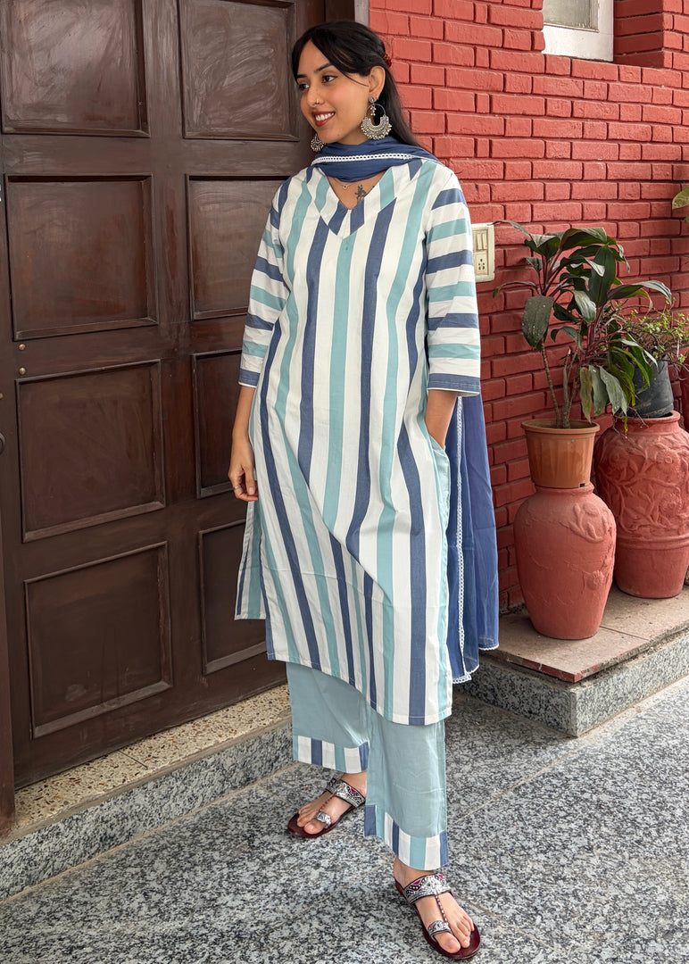 Blue Stripe Cotton Kurta - Mul Dupatta