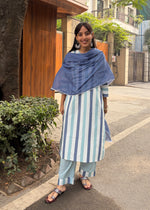 Load image into Gallery viewer, Blue Stripe Cotton Kurta - Mul Dupatta