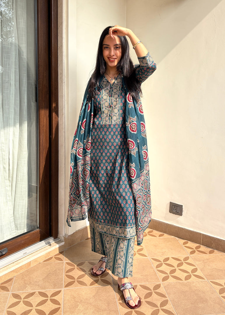 Teal Hand Block Printed Kurta Set