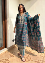 Load image into Gallery viewer, Teal Hand Block Printed Kurta Set