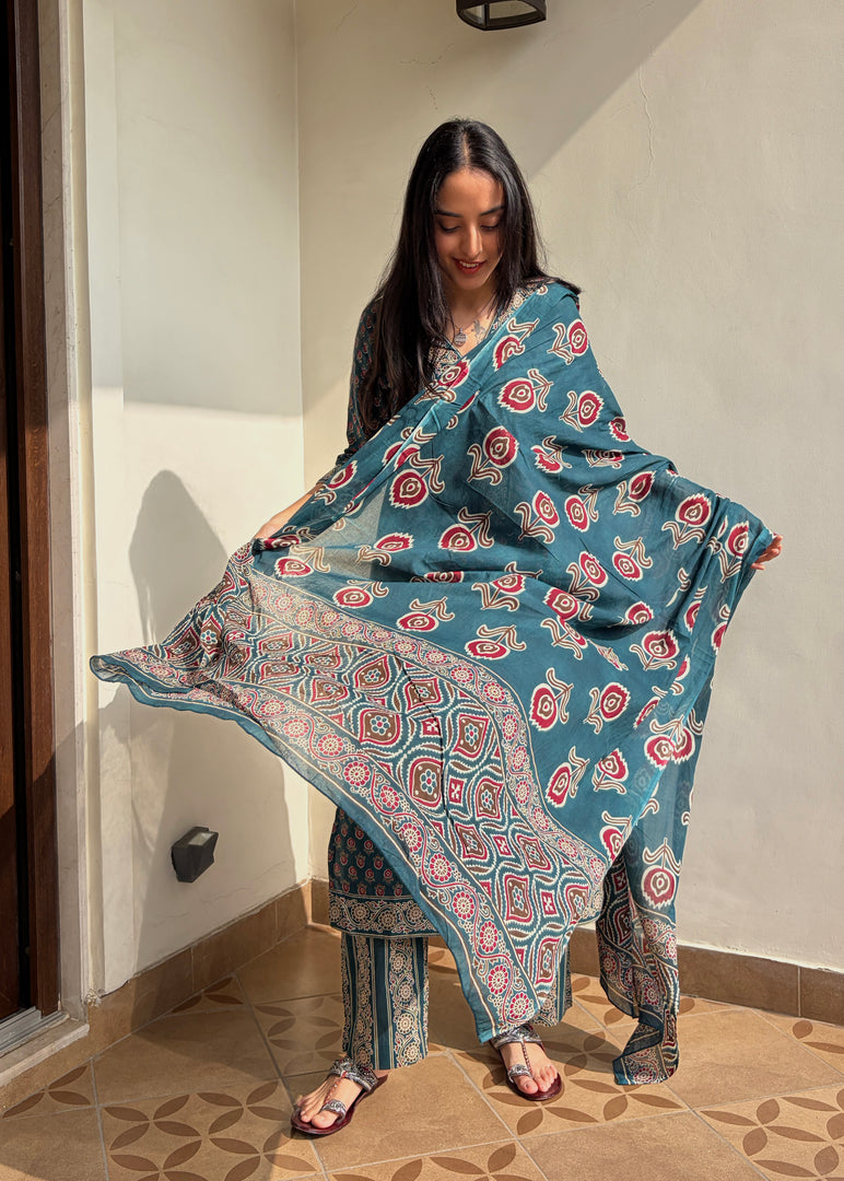 Teal Hand Block Printed Kurta Set