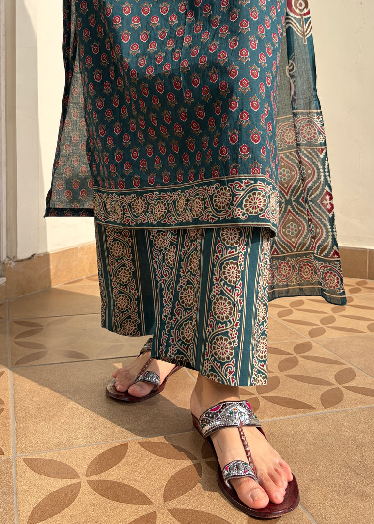 Teal Hand Block Printed Kurta Set