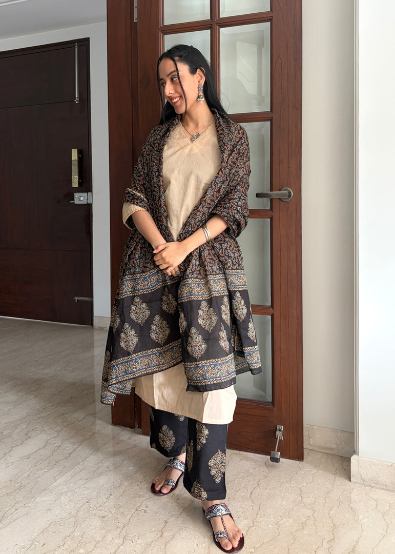 Beige- Black Cotton Kurta Set