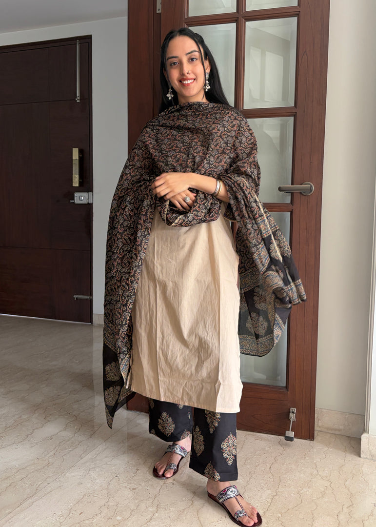 Beige- Black Cotton Kurta Set