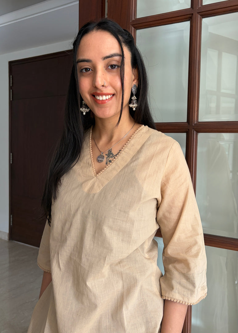 Beige- Black Cotton Kurta Set