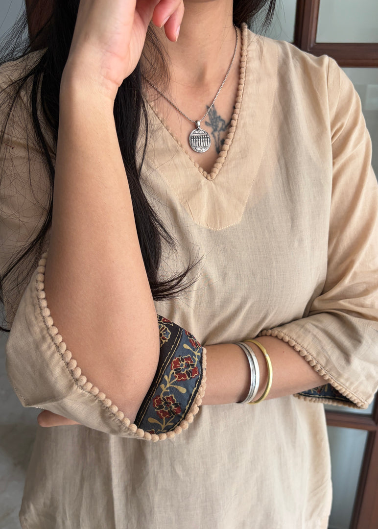 Beige- Black Cotton Kurta Set