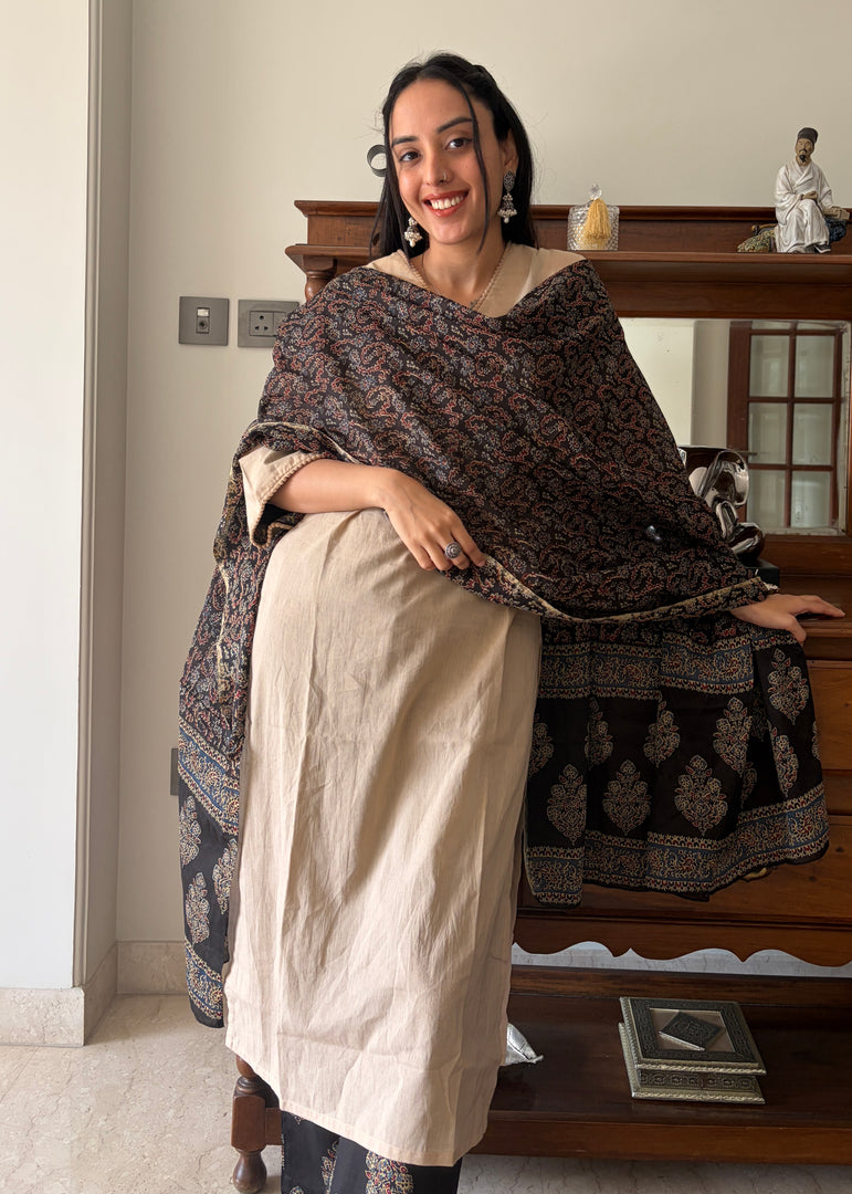 Beige- Black Cotton Kurta Set