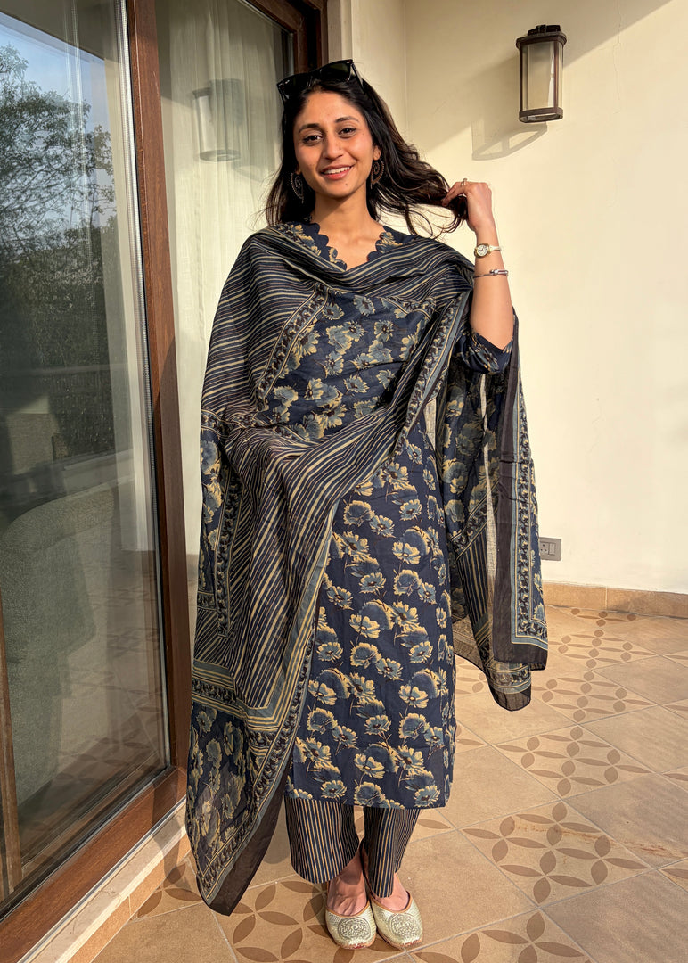 Indigo Floral Cotton Kurta Set