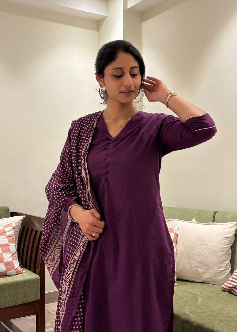 Purple Cotton Kurta Suit Set