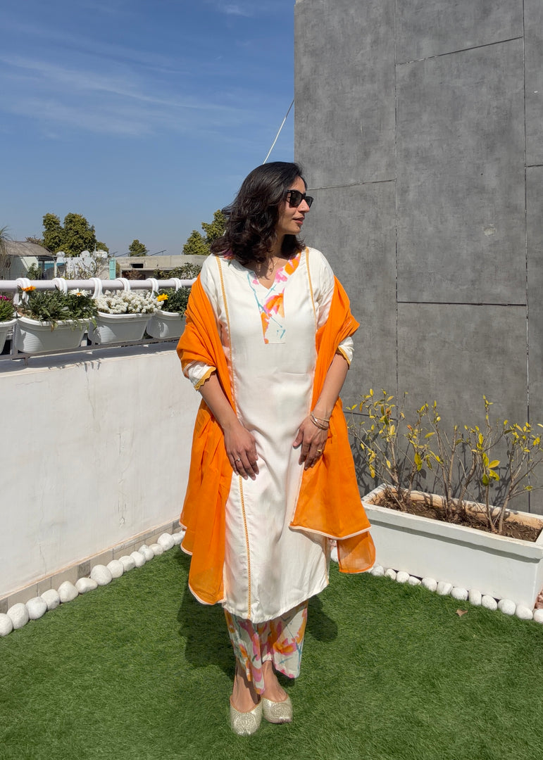 White Orange Cotton Kurta Set
