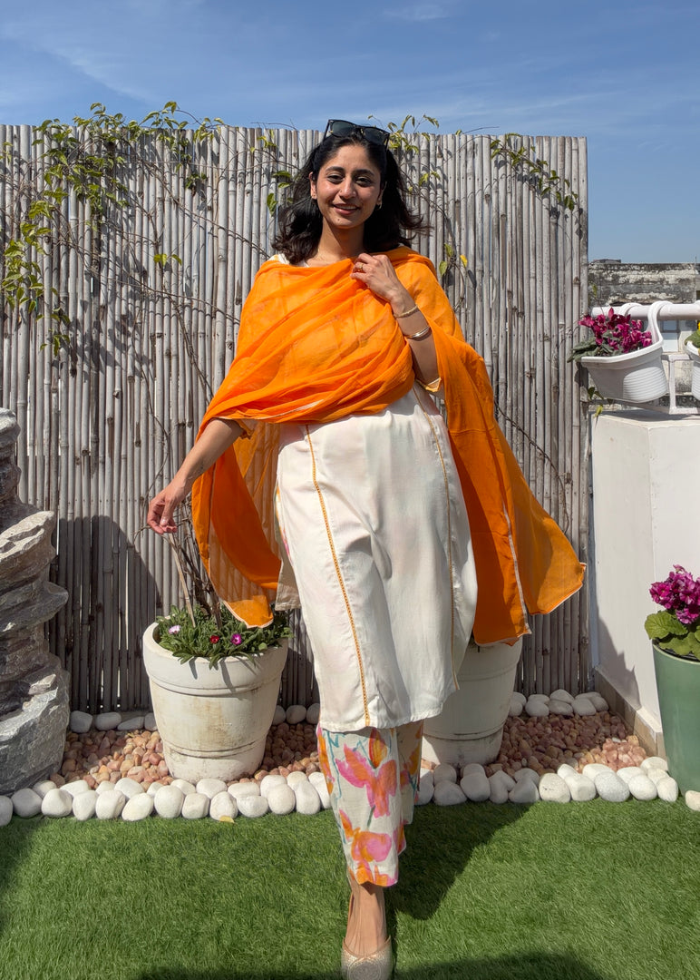 White Orange Cotton Kurta Set