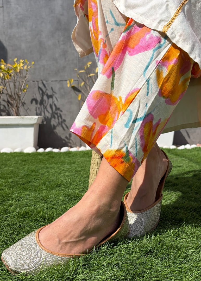 White Orange Cotton Kurta Set