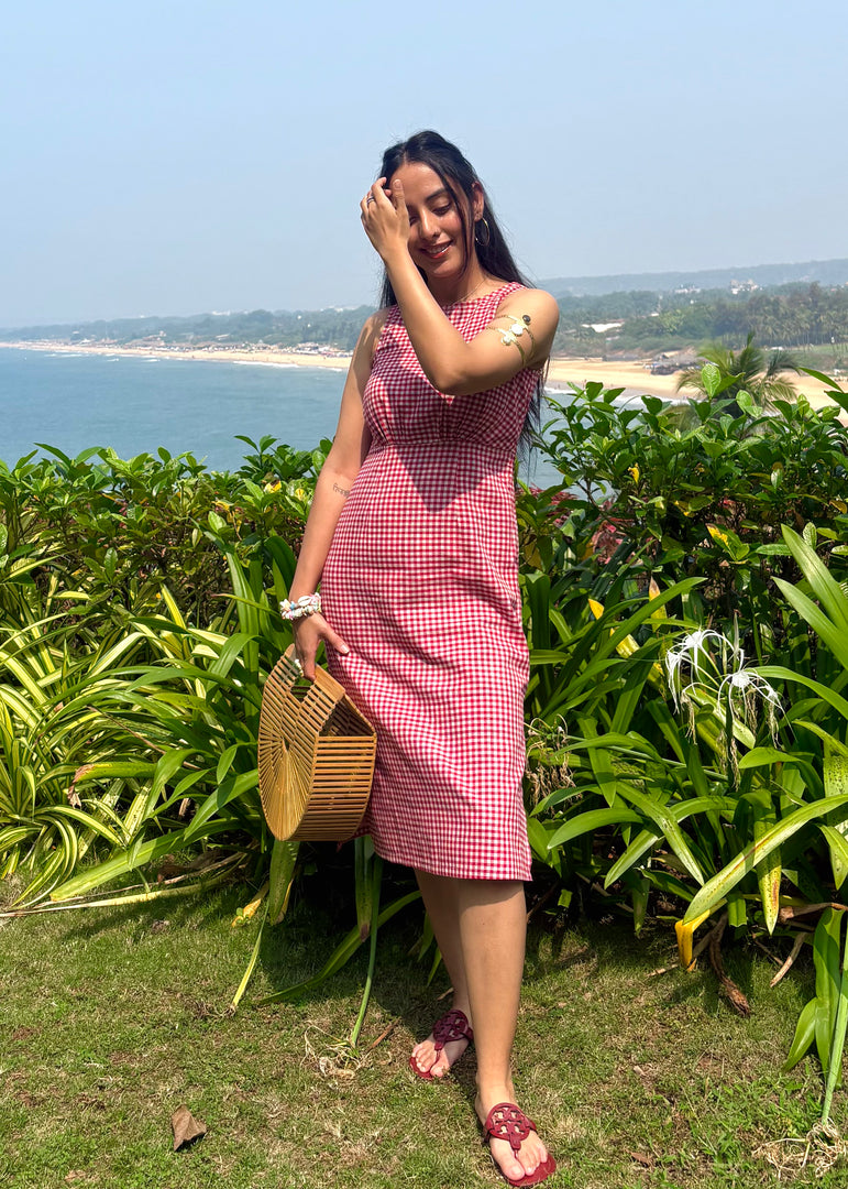 red and white cotton dress Gingham Sleeveless Midi Dress in Red