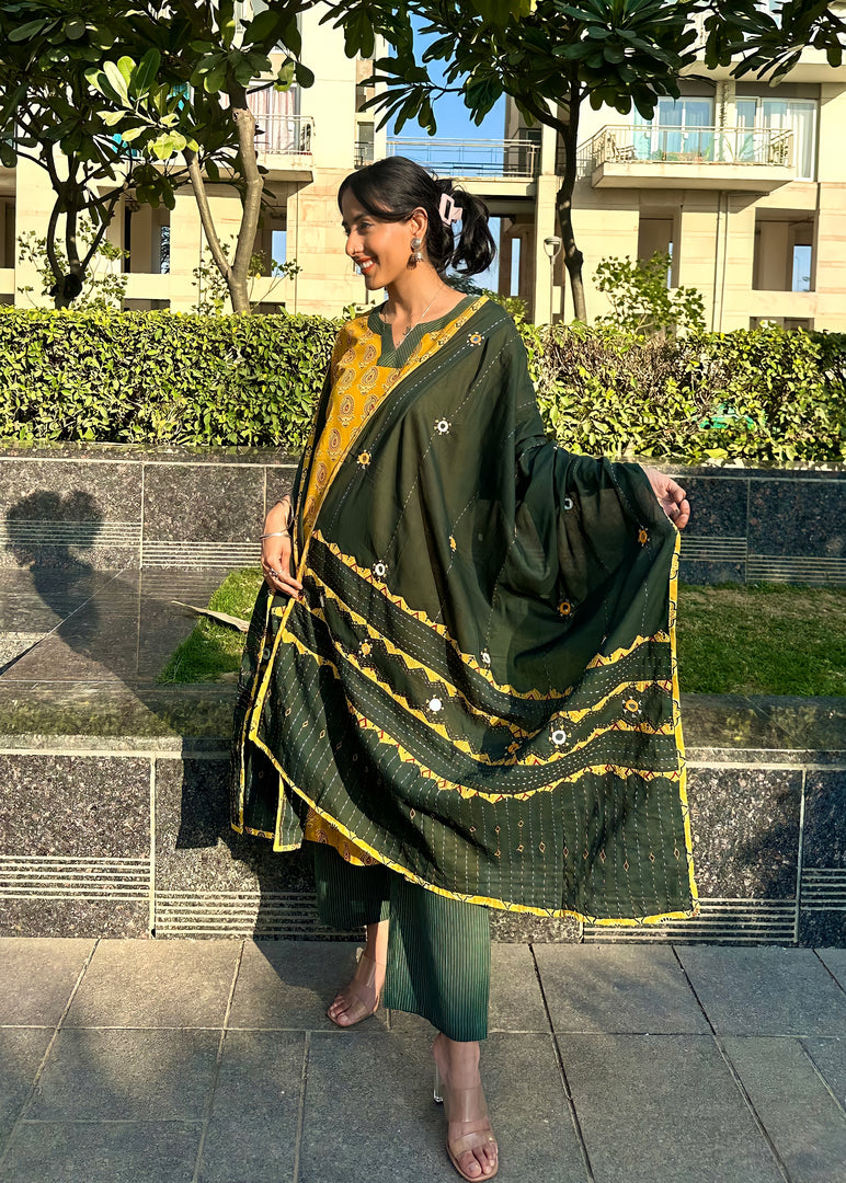 Maroon Ajrak Cotton Suit with Mirror Work Dupatta