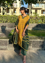 Load image into Gallery viewer, Maroon Ajrak Cotton Suit with Blue Mirror Work Mul Dupatta
