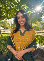 Load image into Gallery viewer, Maroon Ajrak Cotton Suit with Blue Mirror Work Mul Dupatta
