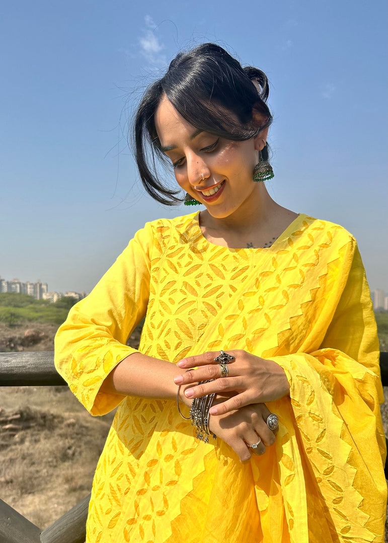 Yellow Cotton Applique Suit & Dupatta