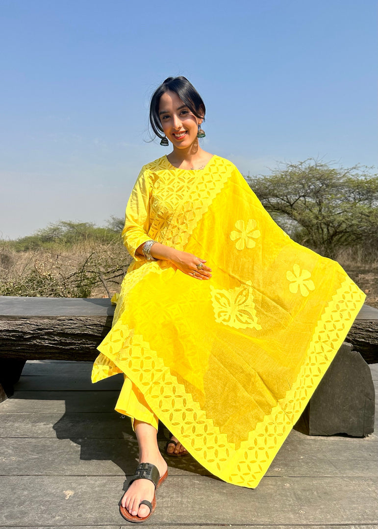 Yellow Cotton Applique Suit & Dupatta