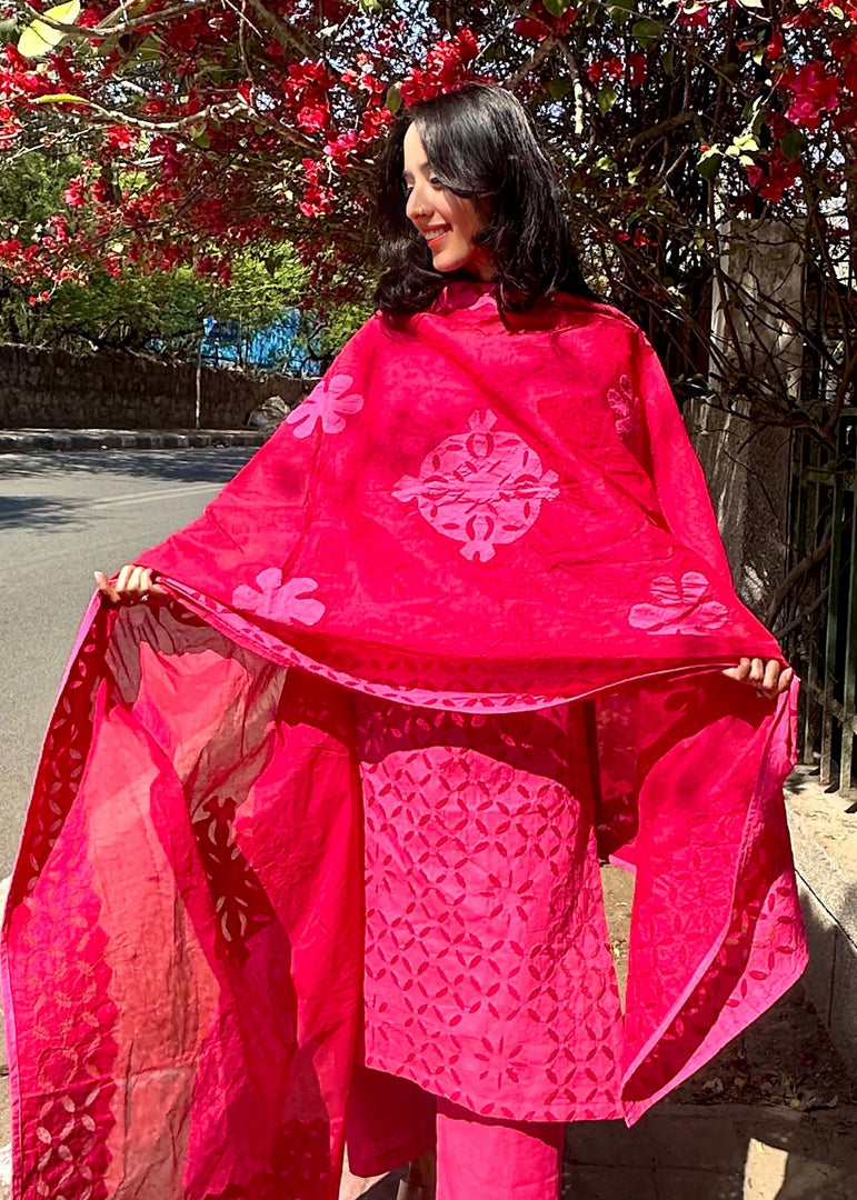 Red Cotton Applique Suit & Dupatta