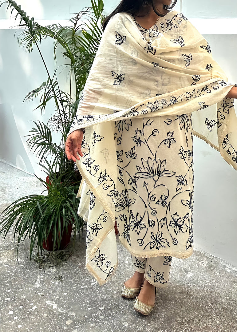 White Cotton Suit with Embroidery & Dupatta