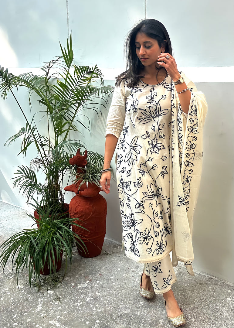 White Cotton Suit with Embroidery & Dupatta