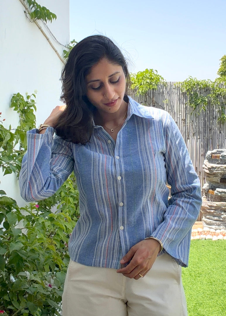 Blue Striped Fitted Cotton Shirt