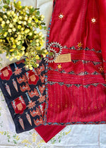 Load image into Gallery viewer, Black Ajrak Cotton Suit &amp; Red Mirror Work Mulmul Dupatta
